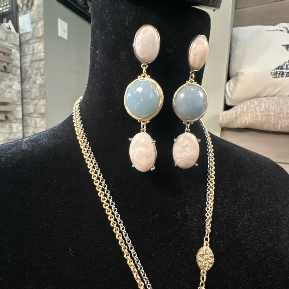 Chico's Light Blue Necklace with Pendant and Chain with Earrings - Picture 2 of 3